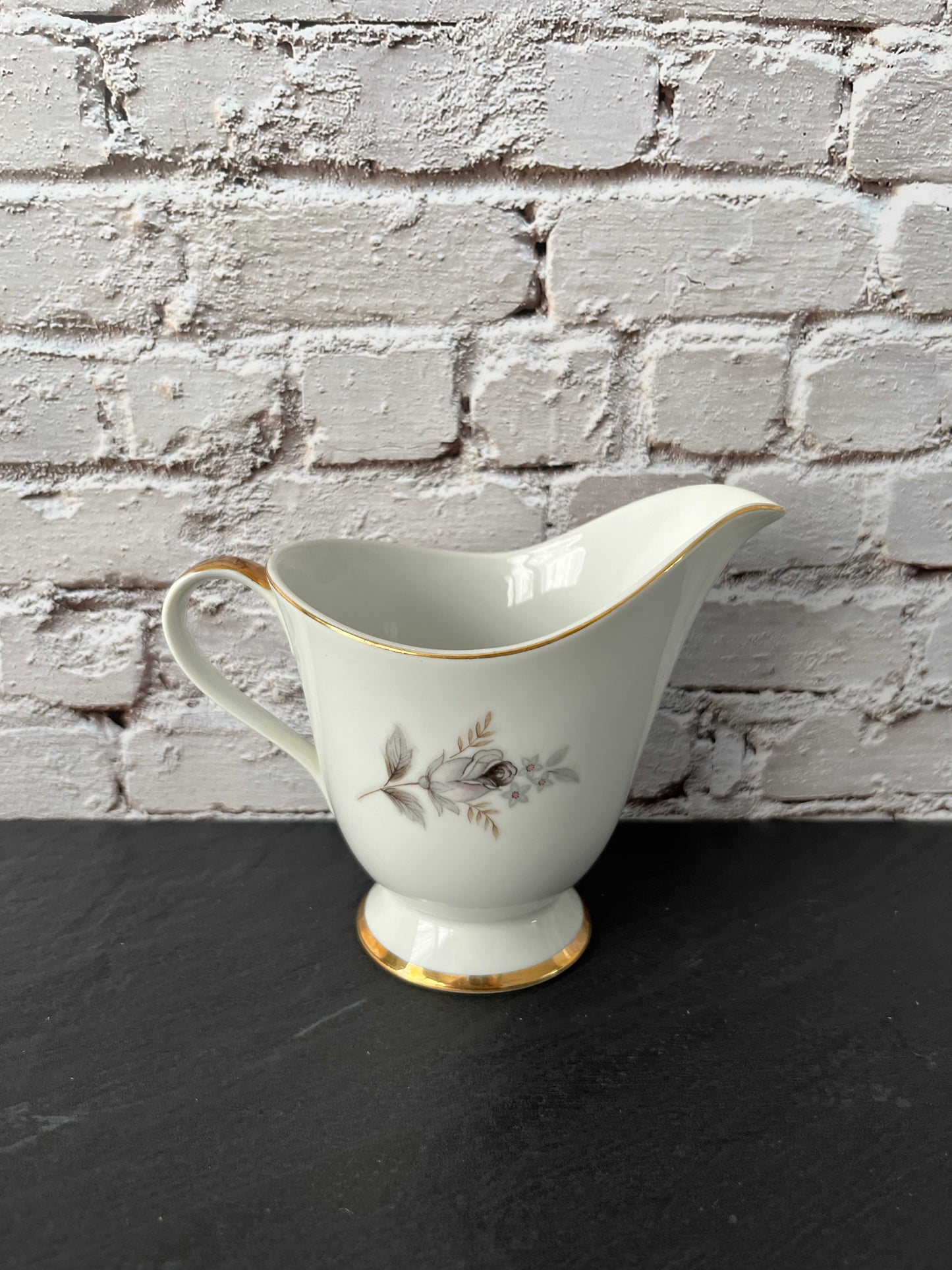 Vintage 1950s Arlen Fine China “Tivoli” Creamer – Made in Japan – Gray Rose & Gold Rim Pedestal Cream Pitcher