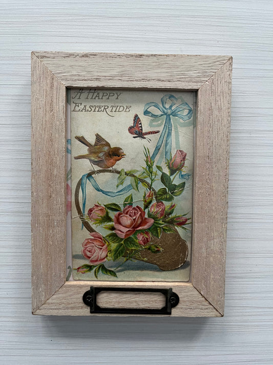 Antique Early 1900’s Easter Postcard in Wooden Frame - Birds, Flowers, and Butterflies