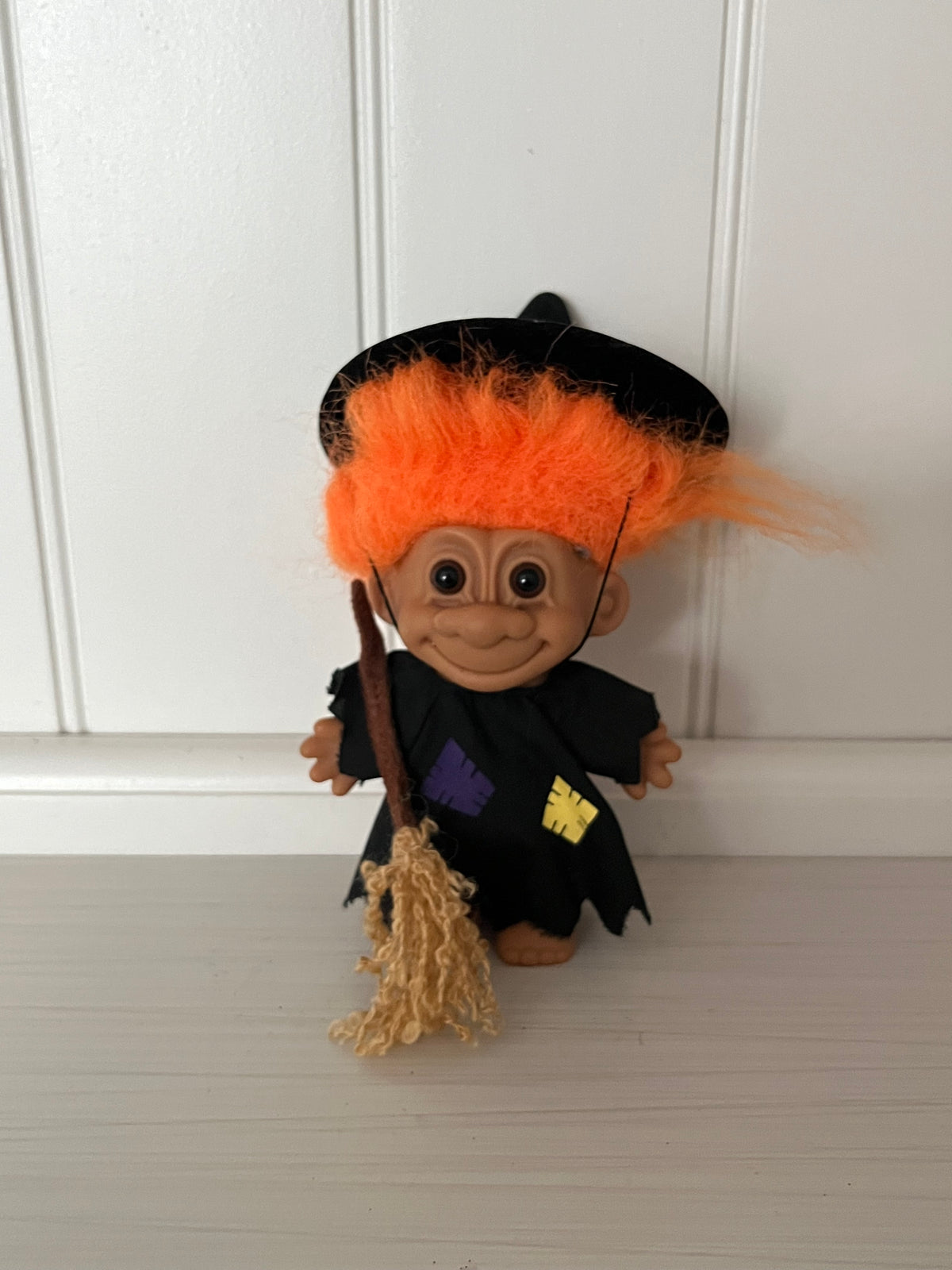 Vintage c1990s Russ Berrie Halloween Witch Troll Doll #25503 | Orange Hair Broom | 6”