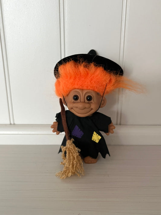 Vintage c1990s Russ Berrie Halloween Witch Troll Doll #25503 | Orange Hair Broom | 6”