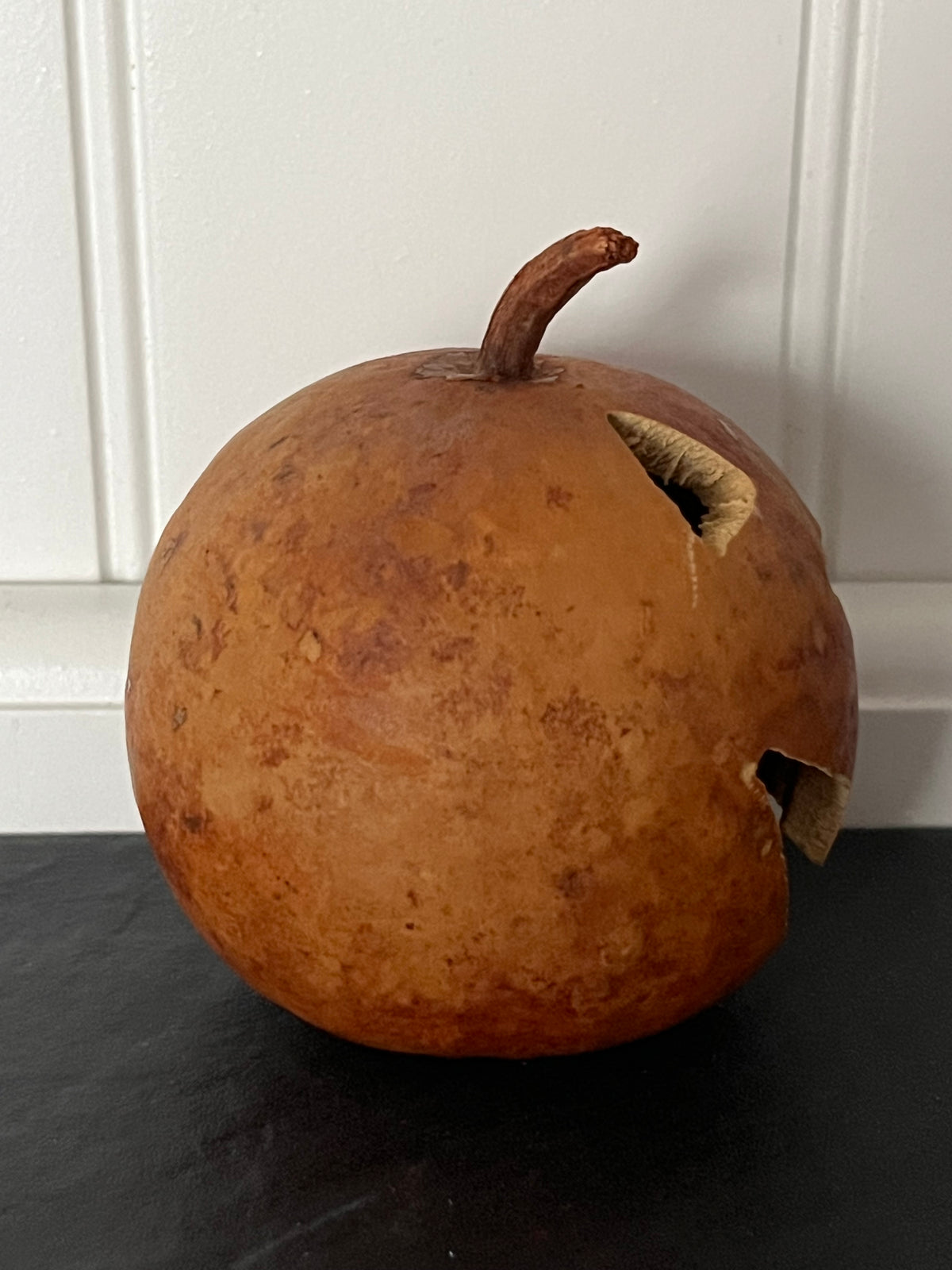 Small Hand-Carved Dried Gourd Jack-O’-Lantern | Artisan Folk Art Halloween Pumpkin | Candy Corn Manor