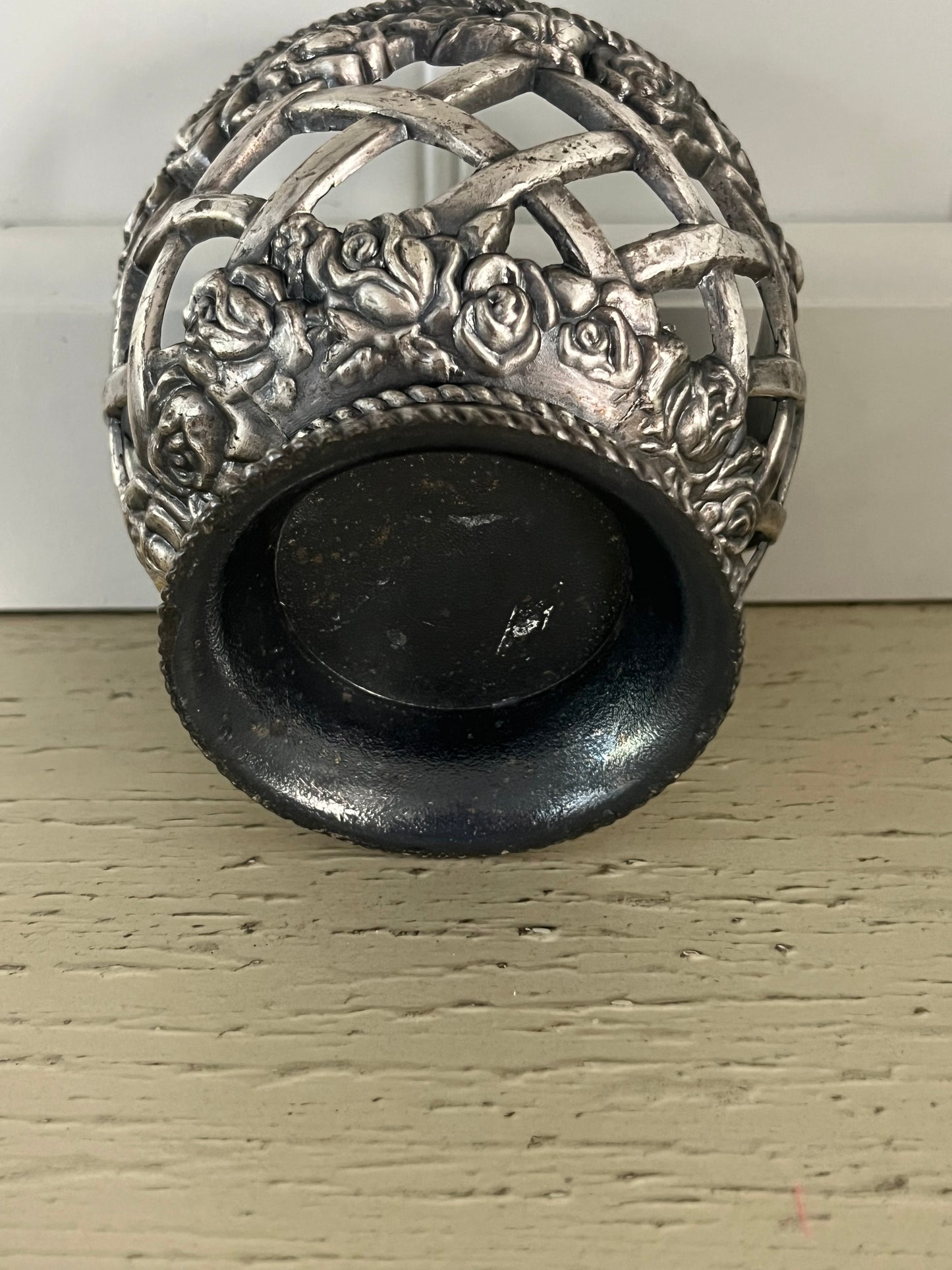 Vintage Rose Lattice Pewter Votive Candle Holder | Heavy Regency Floral Candle Cup (c. 1960s–1970s)