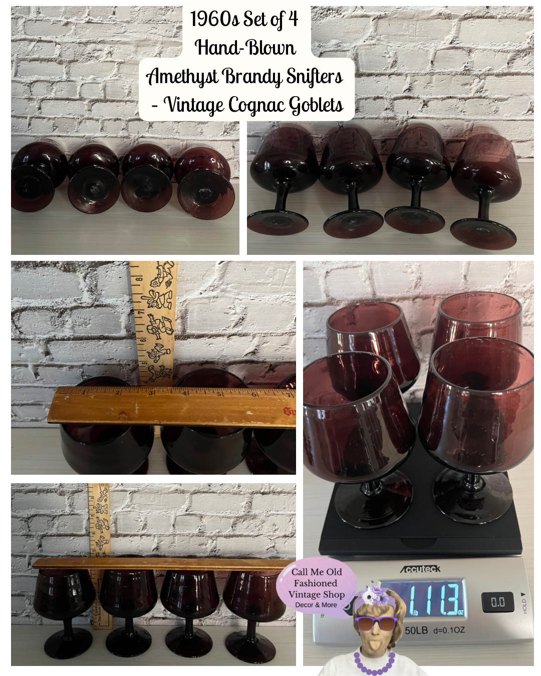 1960s Set of 4 Hand-Blown Amethyst Brandy Snifters – Vintage Cognac Goblets