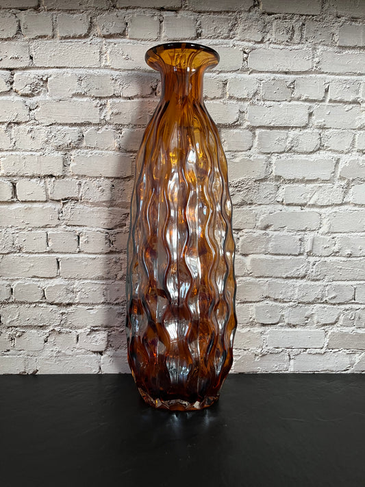 Vintage 1970s Amber Brown Swirl Art Glass Vase – Wavy Flame Design, Speakeasy Chic