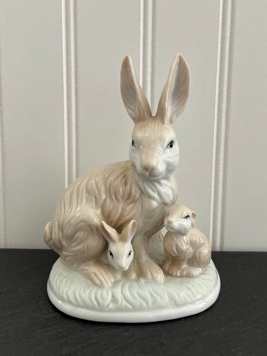 1980’s UCGC Bunny Rabbit with Two Baby Kits Porcelain Figurine -