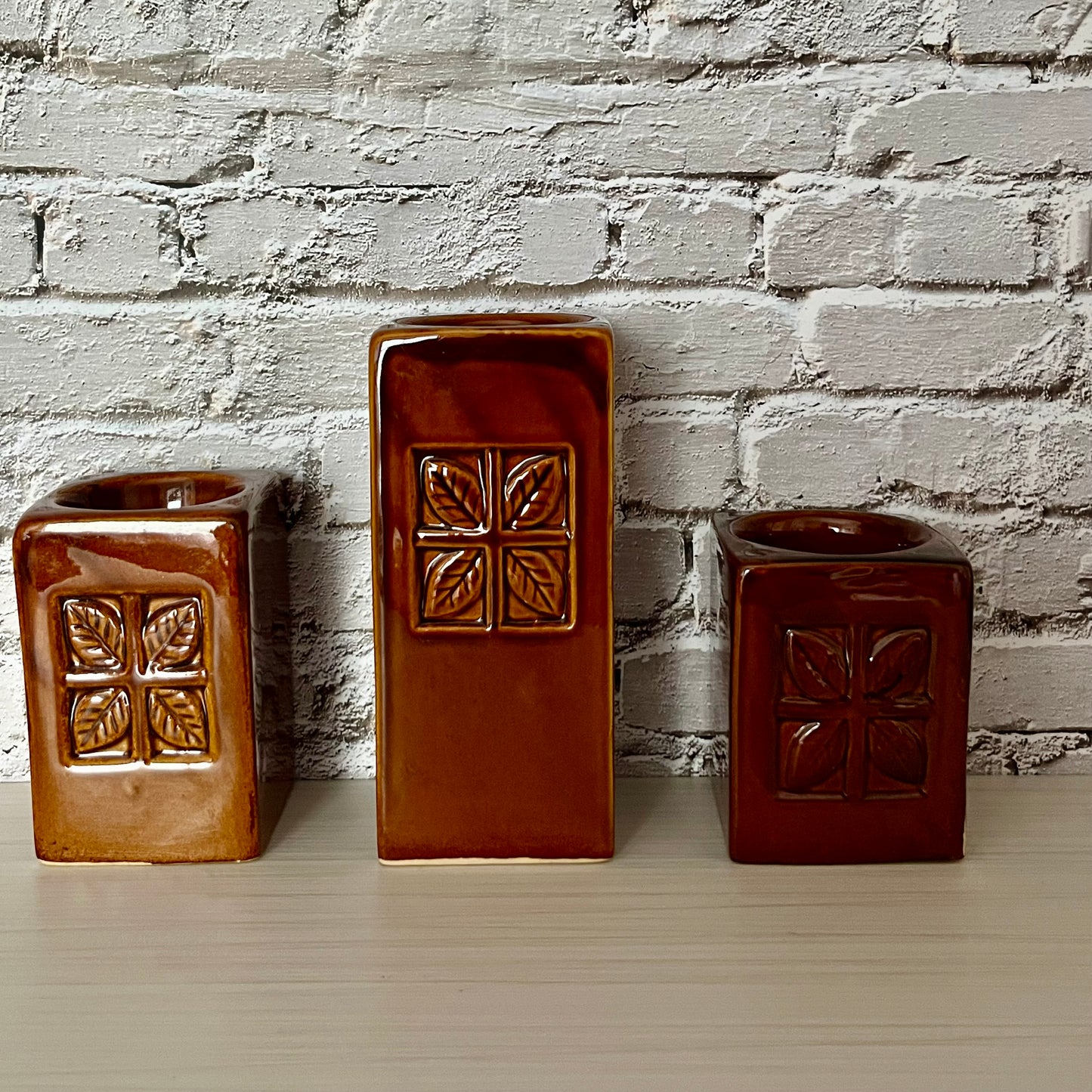 Retro Ceramic Caramel-Brown Cube Candle Holder Trio — Leaf Tile Pattern — 1990s–2000s