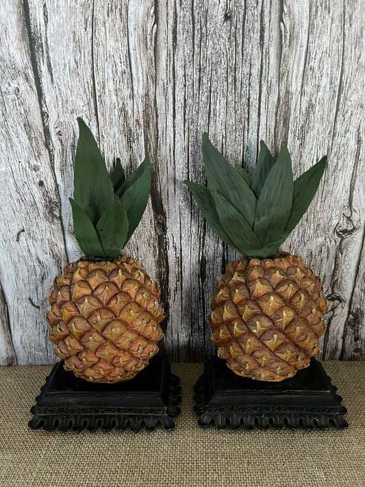 Vintage Pineapple Bookends, Aloha Tiki Tiki Islands Fusion, 10” Metal & Bronze, Neoclassical Scroll Base