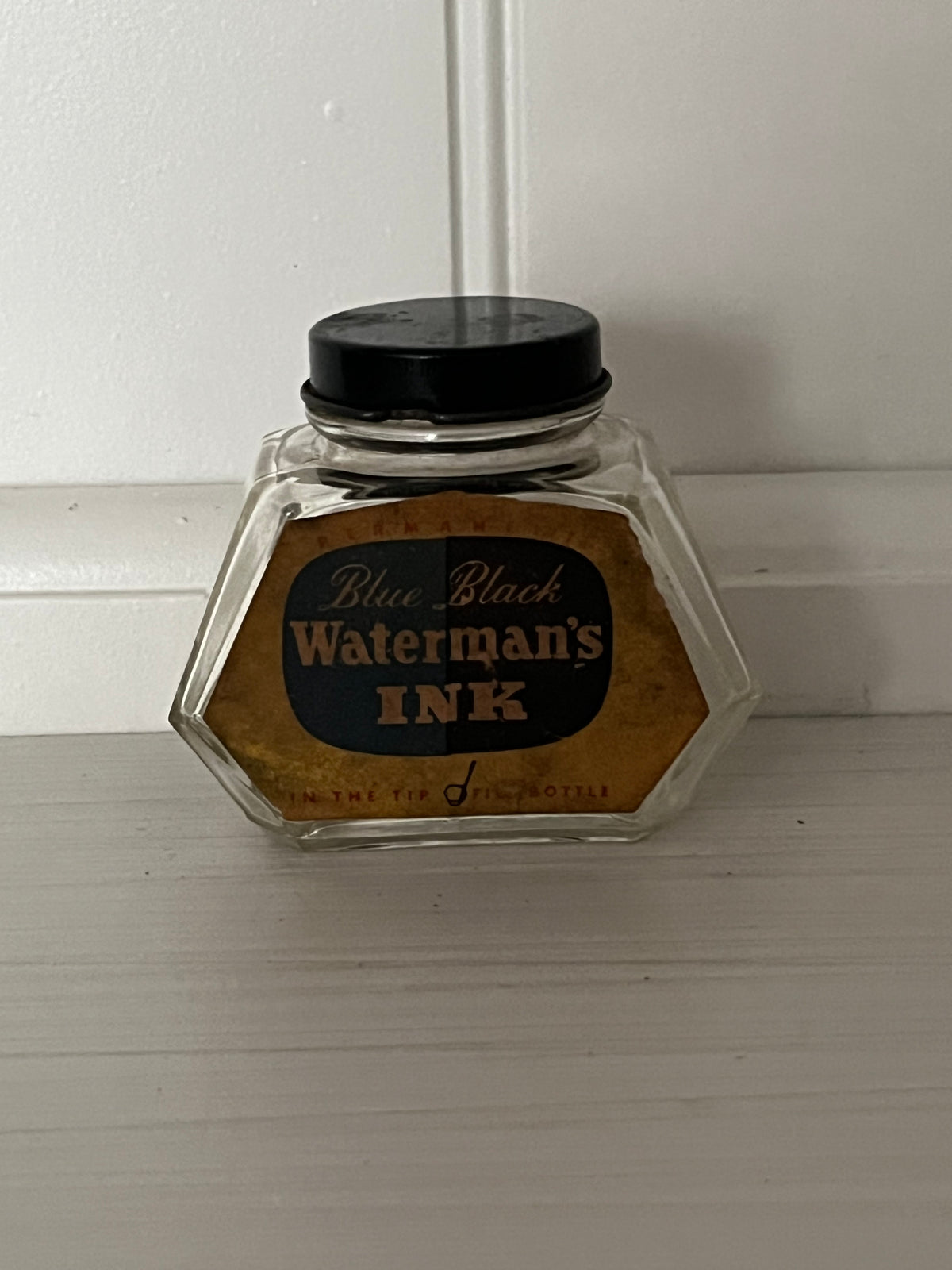 Vintage 1940s Waterman’s Blue Black Ink Bottle | 2 Oz Tip-Fill Glass Inkwell | Small