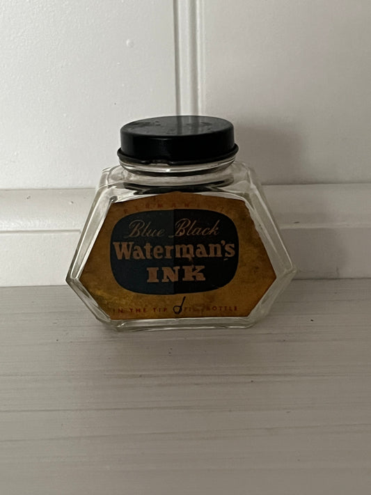 Vintage 1940s Waterman’s Blue Black Ink Bottle | 2 Oz Tip-Fill Glass Inkwell | Small