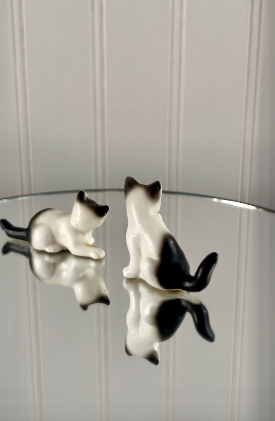 Vintage  c1960’s Kitsch Miniature Gray Black & White Kitten Figurines — Mid-Century Porcelain Cat Pair