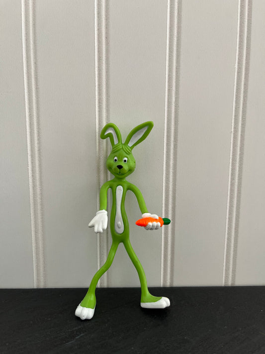 Vintage 1980s 90s Green Easter Bunny Bendy Toy - 5” Spring Bunny with Carrot
