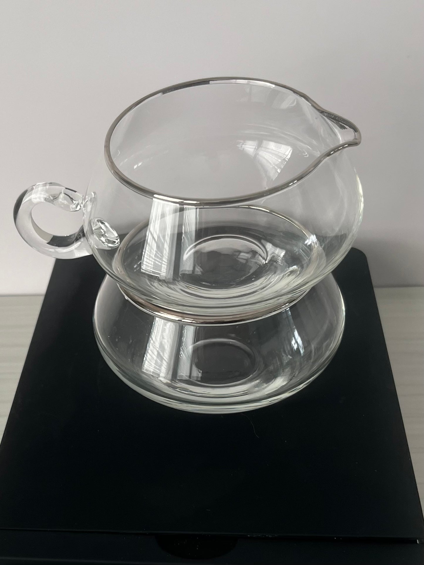 Vintage 1970s Stackable Clear Glass Creamer & Open Sugar Bowl Set with Silver Rim – Mid Century Modern Coffee Bar Serveware
