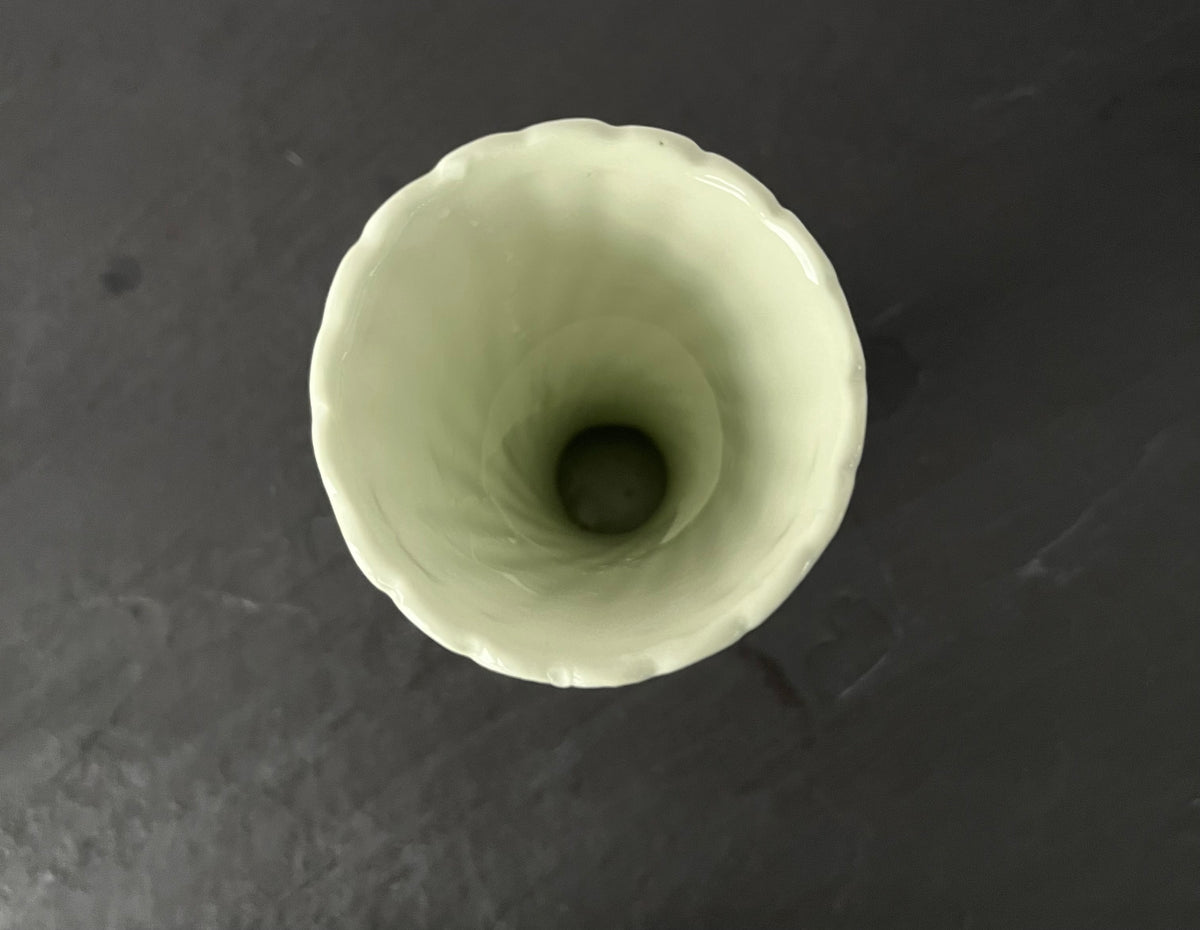 Vintage C. 1990’s * Pale celadon / soft spring  Green Spiral Ceramic Vase – Scalloped Rim Floral Bud Vase – 7”