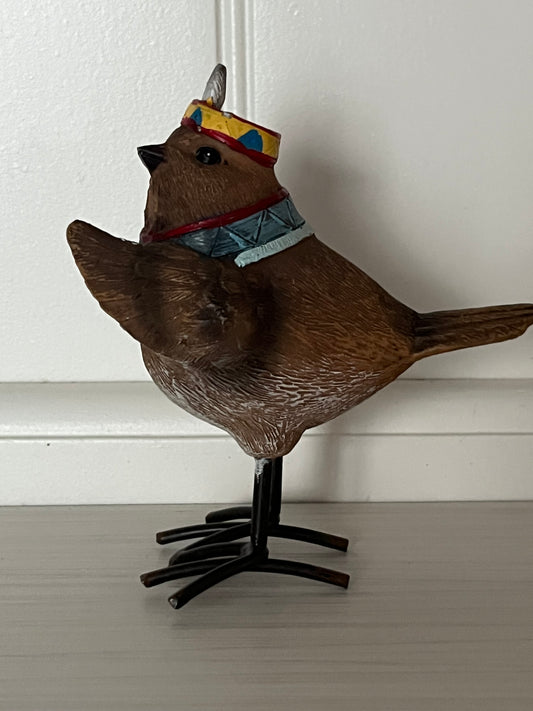 Fall Harvest Bird Resin Figurine with Feather Headdress & Wheat Bundle (4” Tall – Autumn Table Décor)