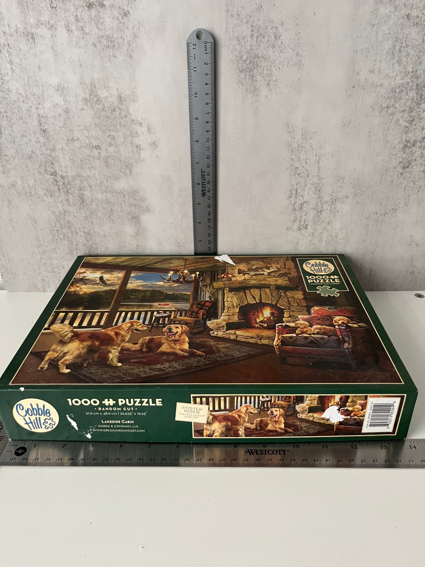 2010s  Vintage style Cobble Hill “Lakeside Cabin” 1000-Piece Jigsaw Puzzle – Golden Retriever Lodge Scene – Complete with Poster