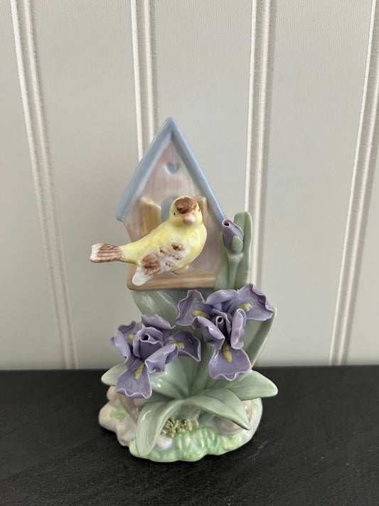 Fine Elegant Porcelain Iris Birdhouse with Goldfinch Bird Figurine