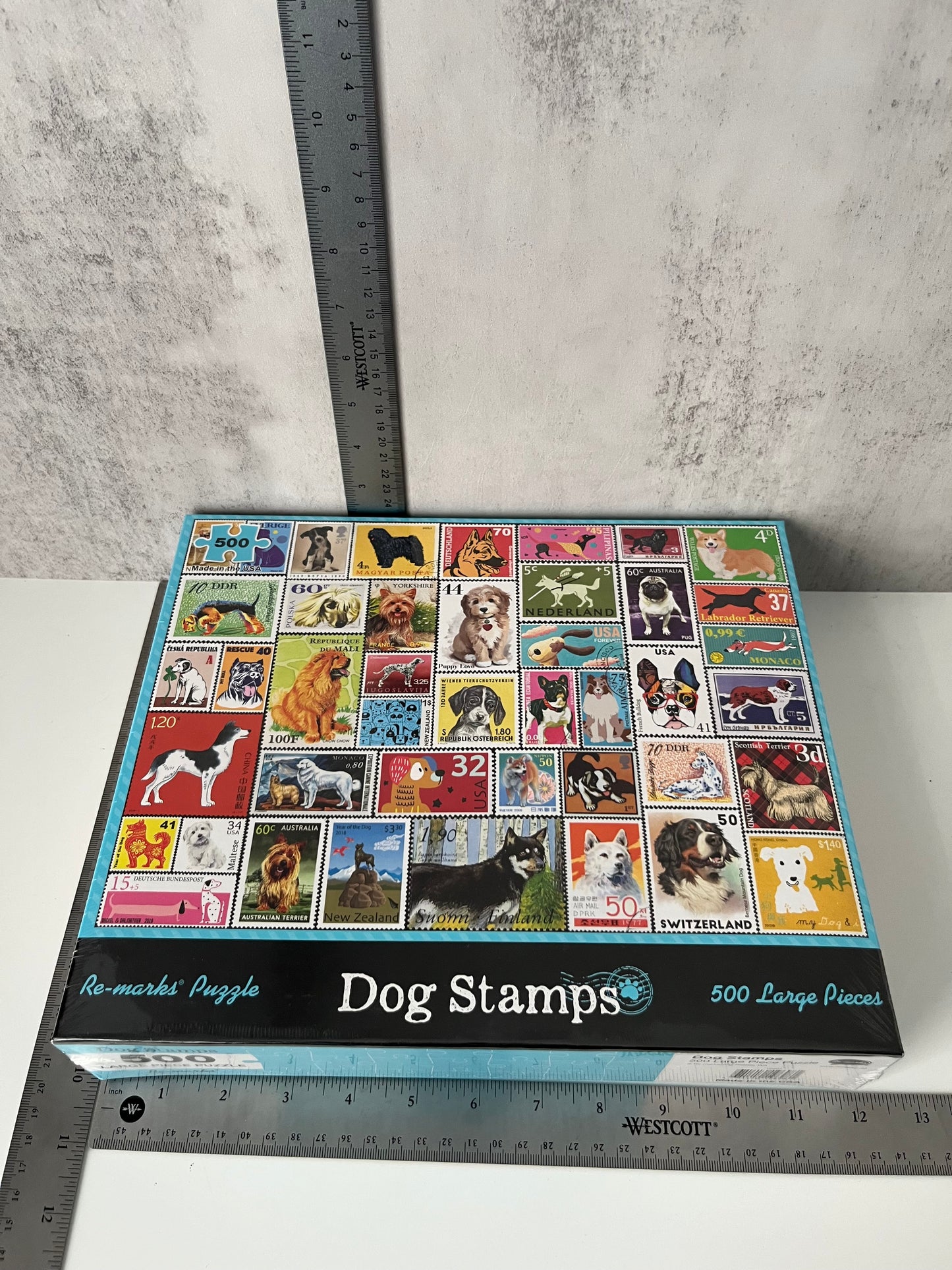 Sealed 2010s Re-marks “Dog Stamps” 500 Large Piece Puzzle — USA Made Postal Ephemera Dog Breed Collage Puzzle