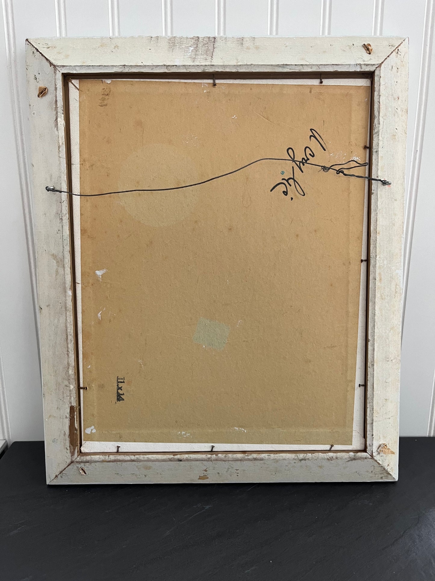 Vintage Original Orange Poppies In Green Oil Painting in White Weathered Frame