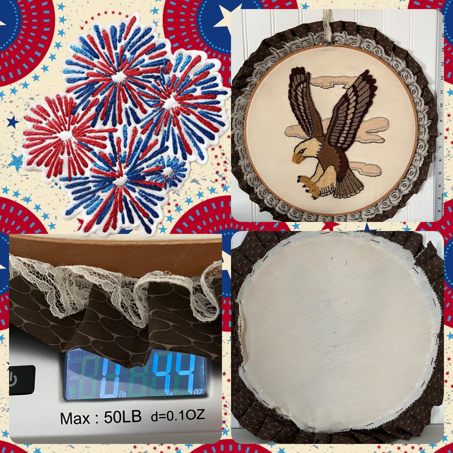 1970’s Handmade Wall Hanging Eagle Round Punch Needle Embroidery in Fabric & Lace Trimmed Hoop
