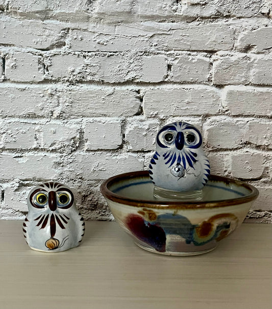 Tonala Style -Retro Mexican Pottery Owl Salt & Pepper Shaker Pair – Blue & Brown (c. 1970s–1980s) Numbered 427