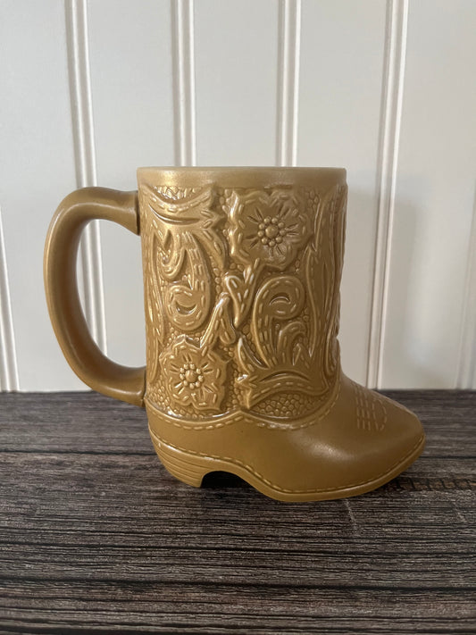 Vintage Avon 1991 Fancy Footwork Tan Western Cowboy Boot Mug Vase with Floral Design - Made by Cetamarte, Brazil