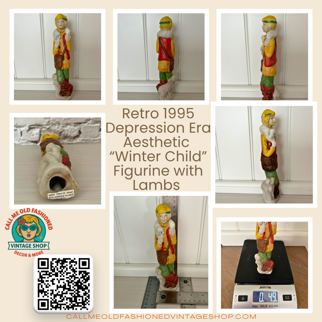 Retro 1995 Depression-Era Aesthetic “Winter Child” Figurine with Lambs — Hand-Painted Collectible Decor