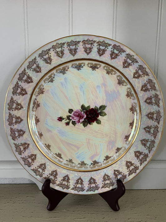Bohemian Fine Porcelain Lusterware Iridescent Rose Charger Plate with Gold Gilt | Regency-Inspired