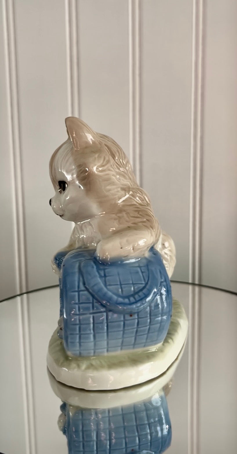 Vintage Kitsch  Artmark Cat with Mice in Blue Basket Porcelain Figurine | 1970s–80s