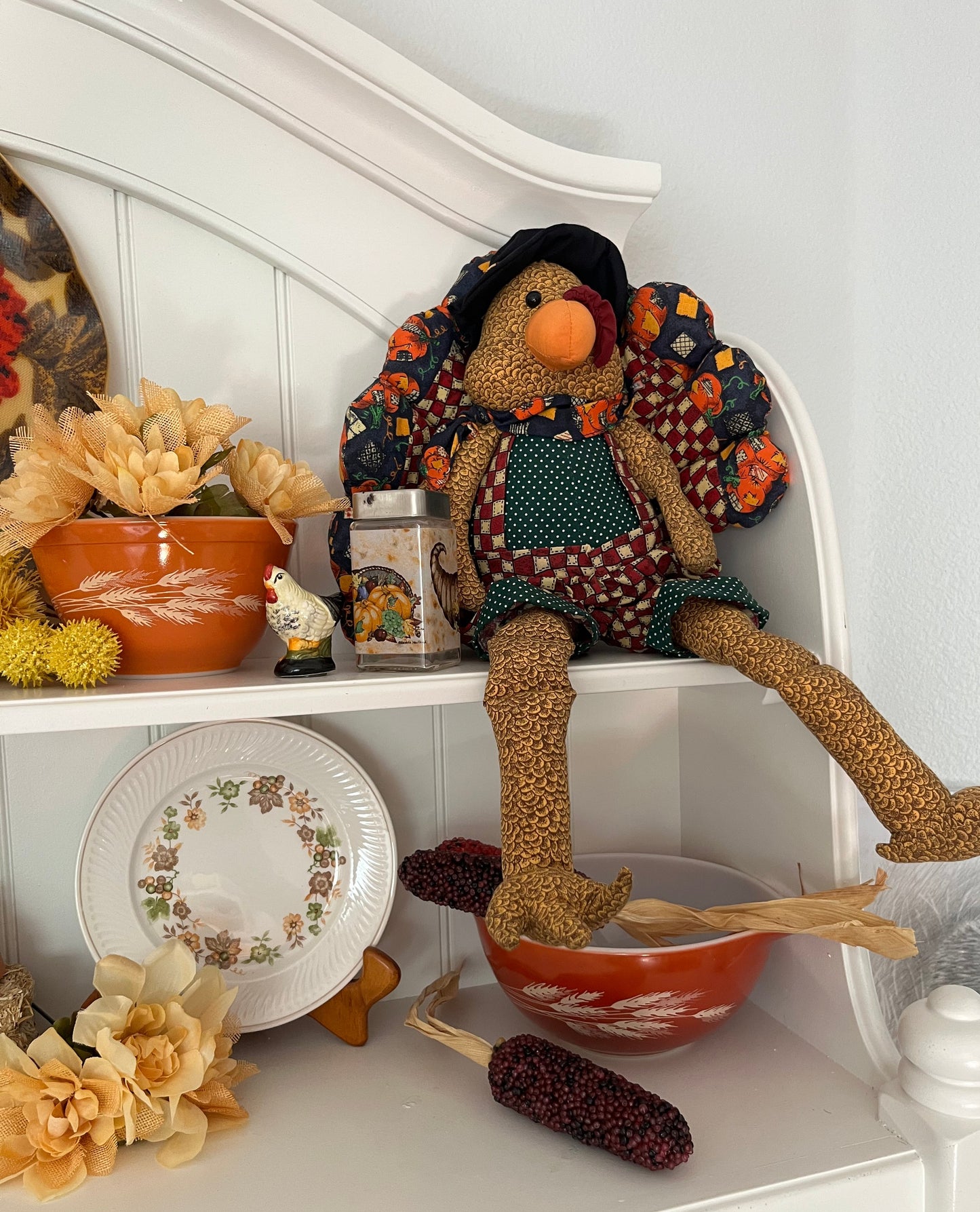 Vintage TB Trading Co. Thanksgiving Turkey Plush Shelf Sitter – Folk-Art Patchwork Quilted Tail – 20” – 1990s
