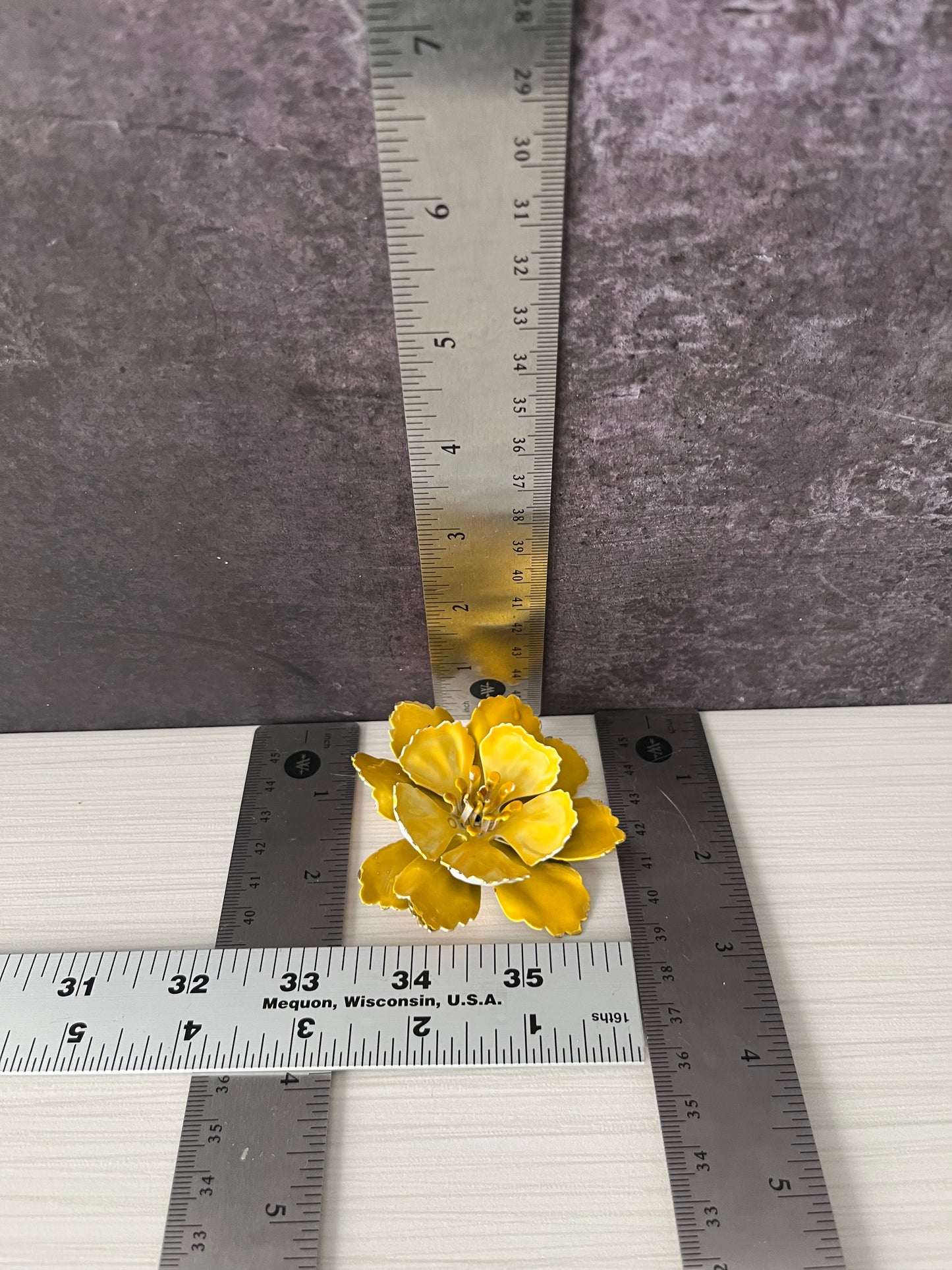 Vintage 1960’s Yellow Enamel Flower Brooch – Layered Petal Floral Pin, Mid-Century Statement Jewelry