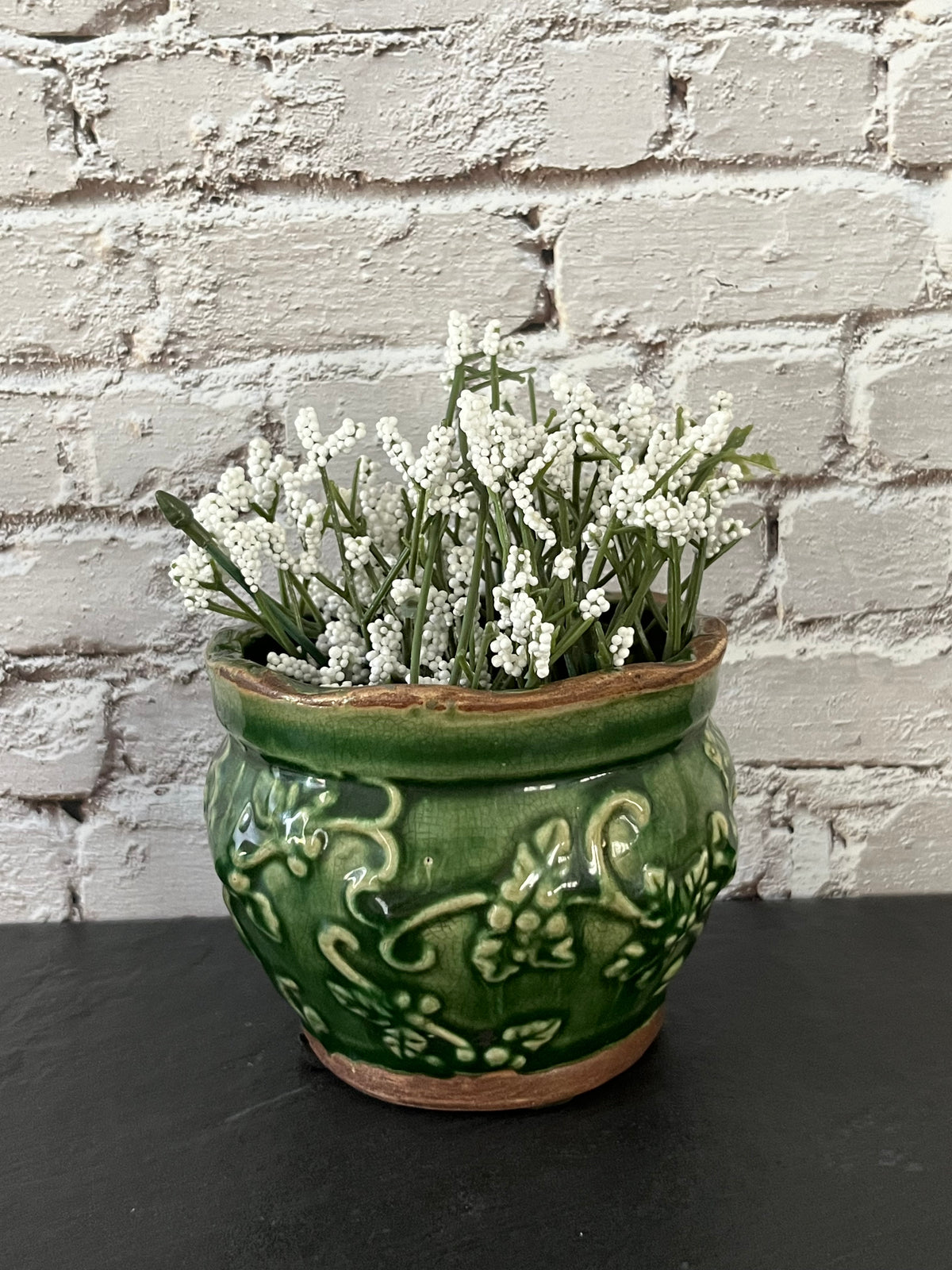 Vintage Style Green Glazed Ceramic Planter | Raised Floral Vine Design | Small Cottage Garden Pot | 3” Tall