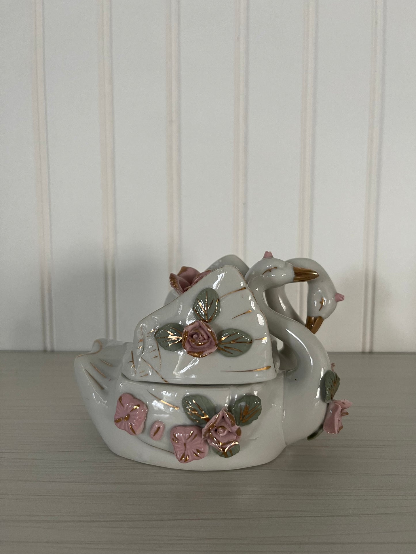 Chinoiserie Chic Vintage Porcelain Double Swan & Pink Rose Trinket Dish with Lid