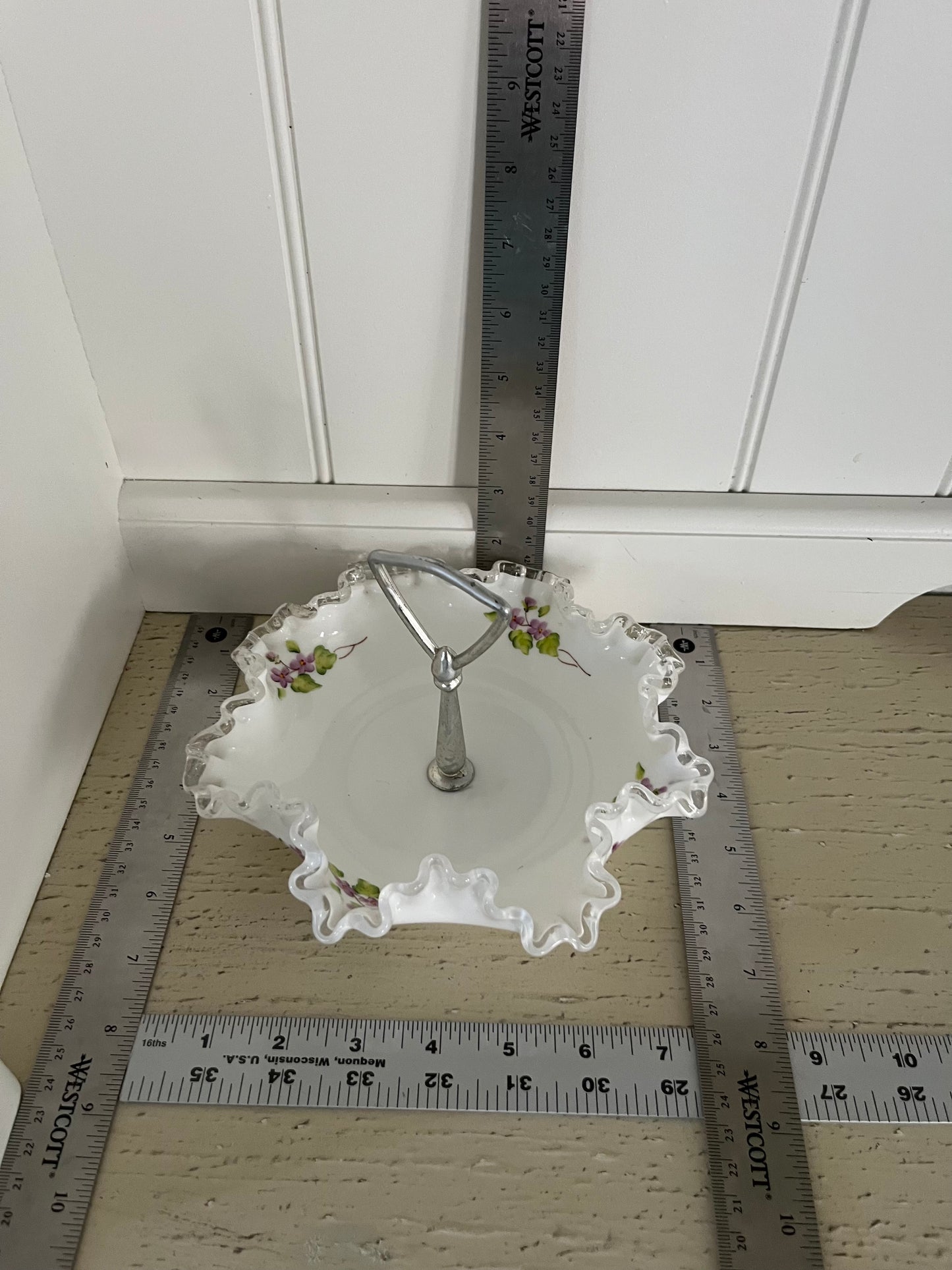 Vintage c 1960’s Fenton-Style Unmarked Silver Crest Milk Glass Tidbit Tray with Violet Floral Detail & Metal Handle | Ruffled Bon Bon Candy Dish / Vanity Tray