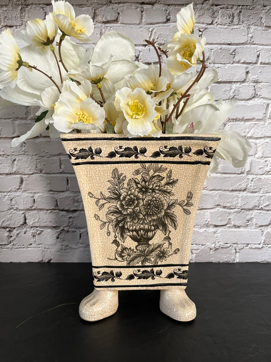 Vintage Majolica Chinoiserie Jardiniere Planter Pot Floral Design Crackle Crazing-Ware  Glaze with Lion Relief & Feet –