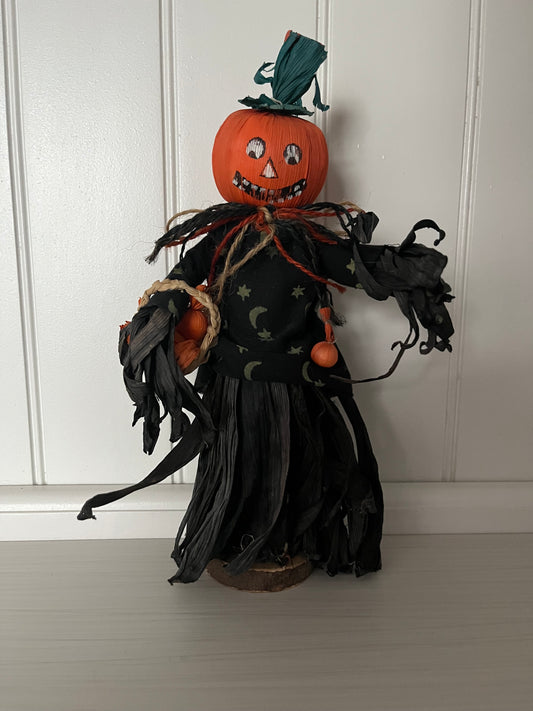 Vintage 1994 Pumpkin Head raffia/corn-husk style Scarecrow Doll | NCE Halloween Folk Art Décor