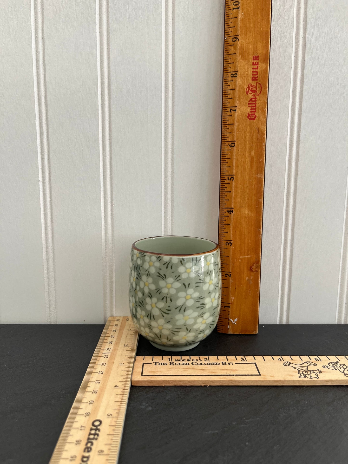 Vintage Japanese Daisy Sage Green Teacup - Asian Style Porcelain Hand Painted Floral Cup