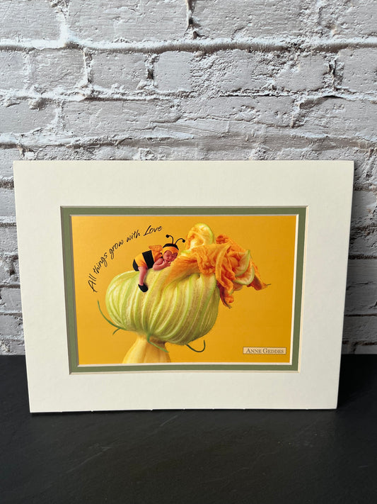 Vintage Anne Geddes “All Things Grow with Love” Matted Print, Baby Bee Flower Art, Cottagecore Nursery Decor (1990s–2000s)