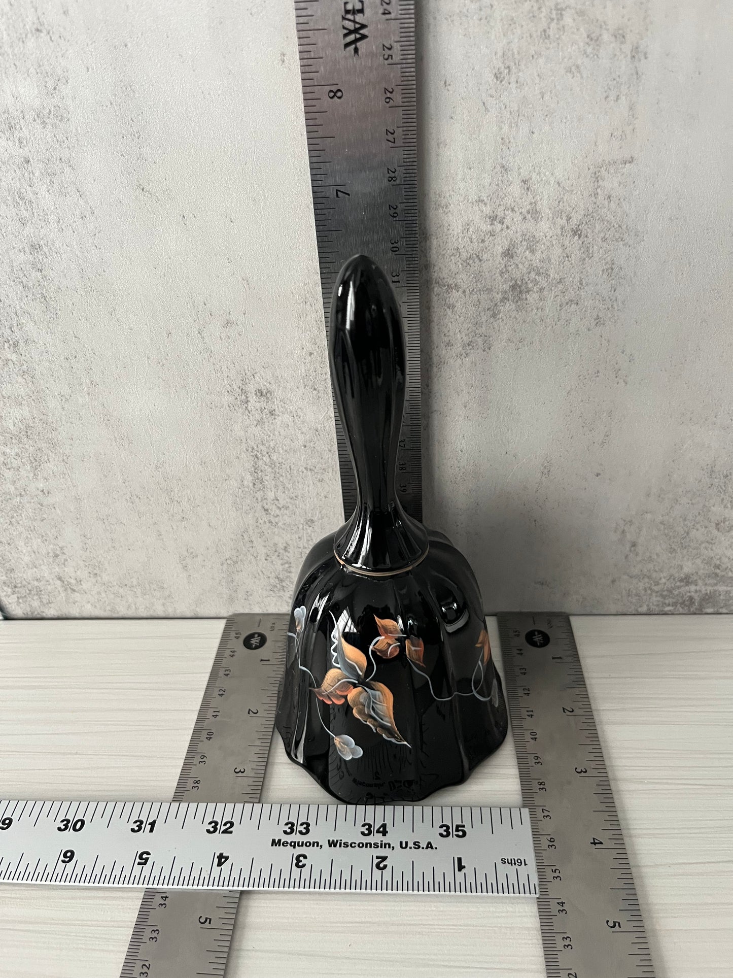 Vintage 1994 Fenton Aurora Black Hand-Painted Autumn Leaves Glass Dinner Bell – Signed by Artist D. Gesel