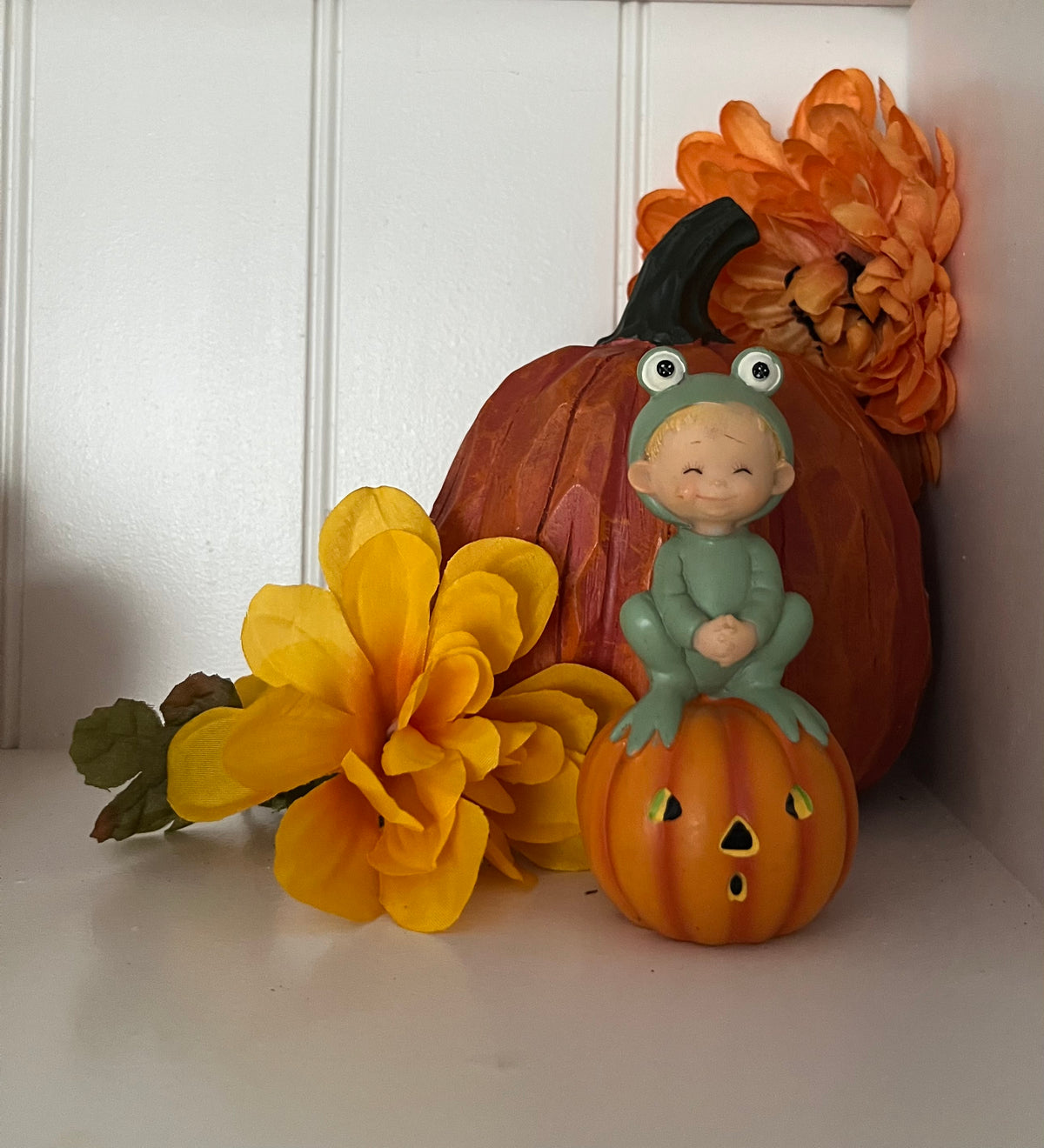Vintage 1980’s Small Morehead Frog Costume Child on Jack-O’-Lantern Figurine,  Teenie Halloweenies | Curated Shelf & Trinket Display Décor