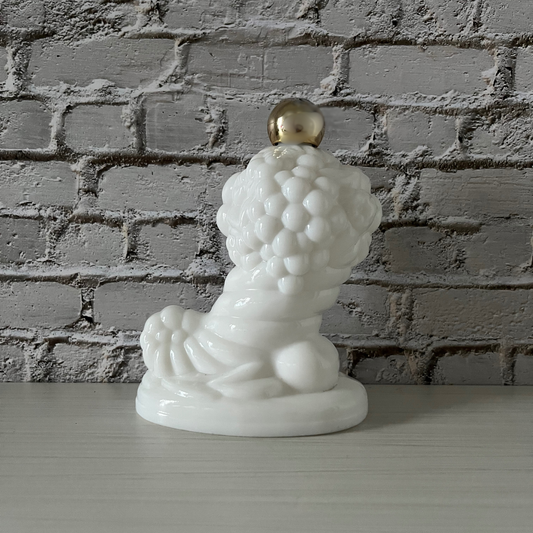 Vintage 1970s Empty Avon Milk Glass Cornucopia Decanter Bottle
Skin-So-Soft Bath Oil • Gold-Tone Ball Stopper