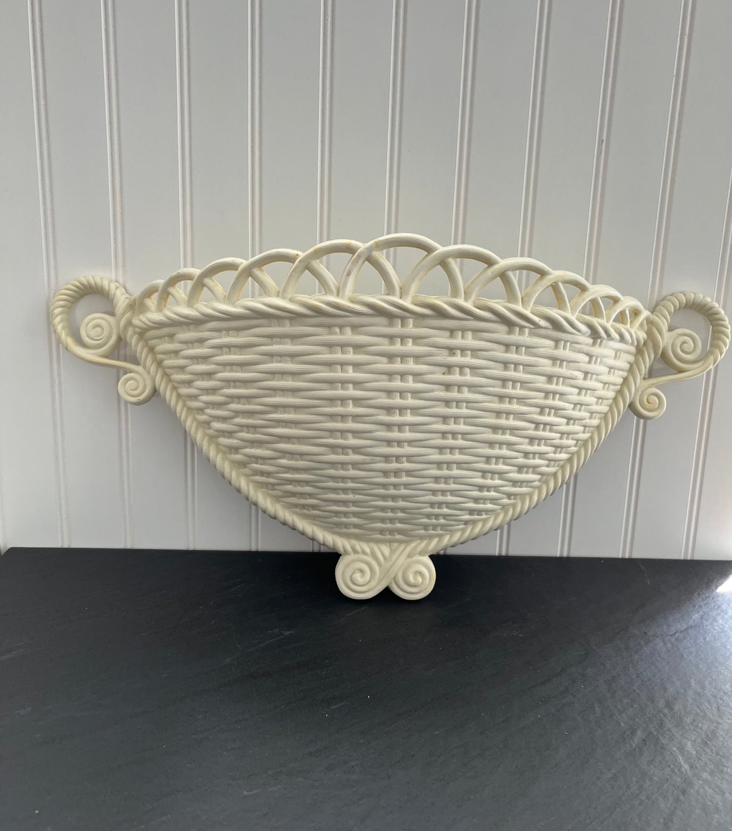 Vintage Burwood Natural White Molded Plastic Wicker Basket Wall Pocket Hanger Planter - 1970’s