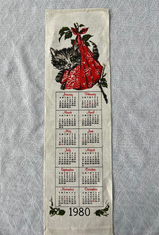 Adorable 1980 Vintage Tea Towel Calendar: Black Kitty Cat In Red Bandana