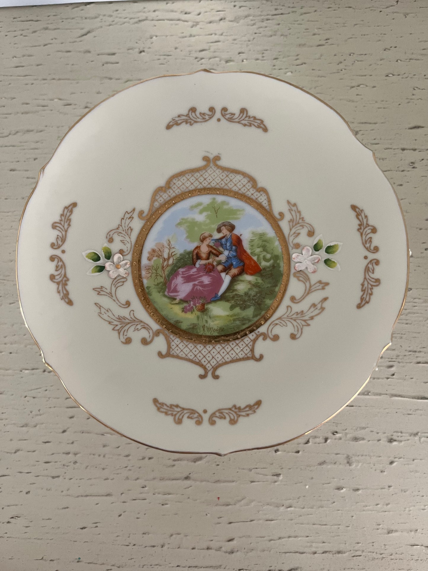 Vintage Ornate Pedestal Compote Candy Dish with Romantic Courting Scene & Gold Trim | c. Mid-20th Century,  Romantic / Rococo Revival