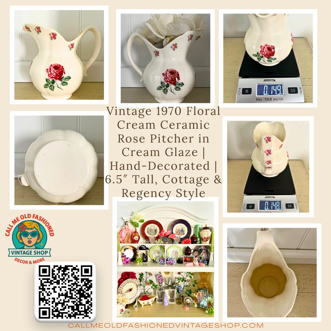 Vintage  Cream Glaze Ceramic Floral Rose Pitcher | Hand-Decorated Cottage & Regency Style | 6.5″ Tall