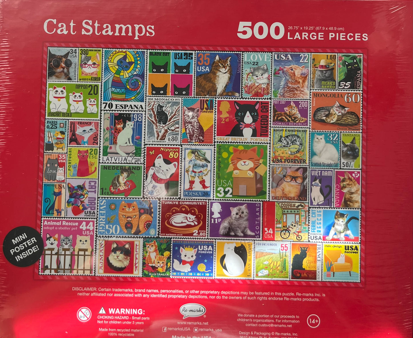 2020s Re-marks “Cat Stamps” 500 Large Piece Jigsaw Puzzle — Factory Sealed — Retro Stamp Style Cat Art Puzzle