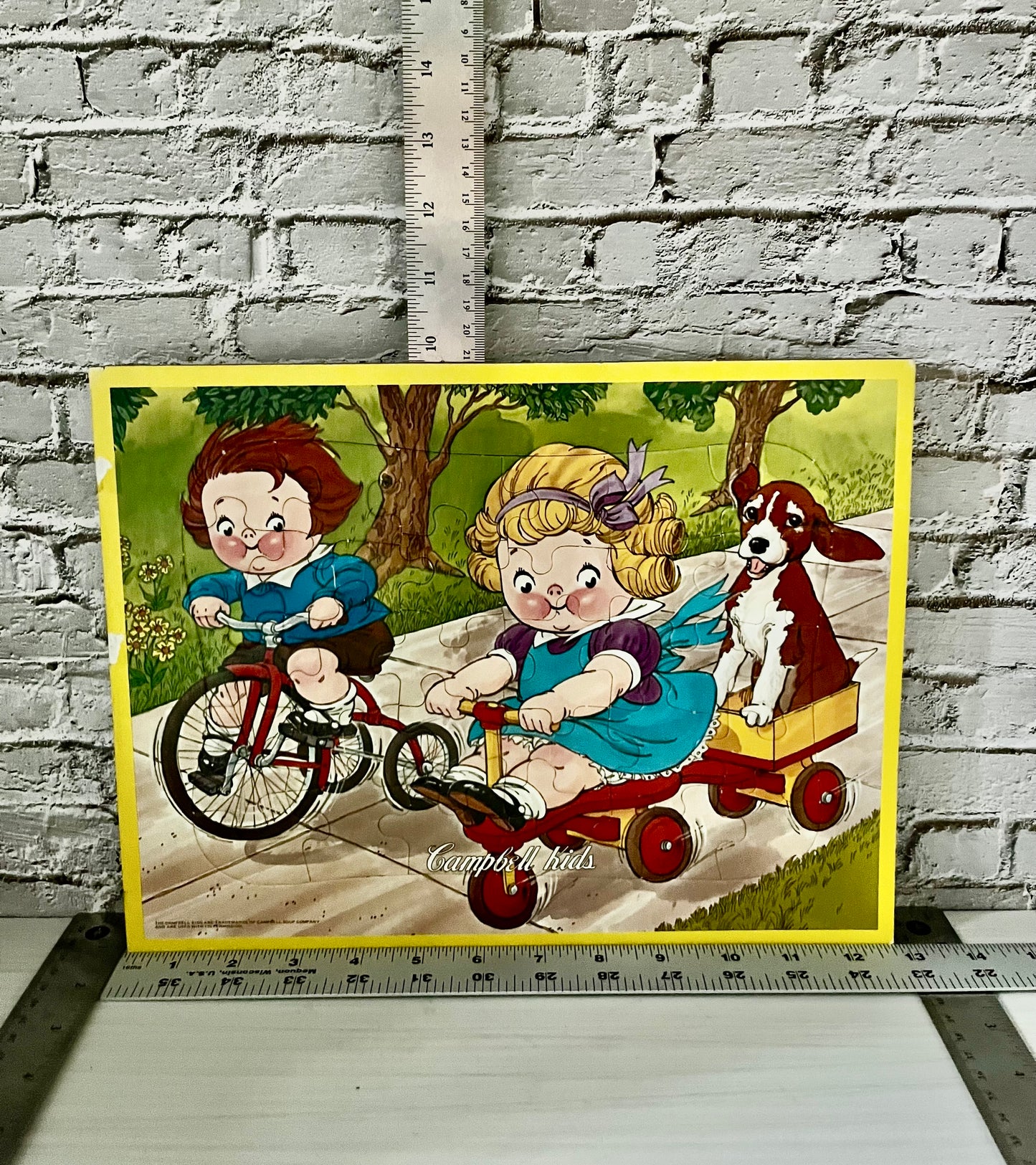 Vintage  1960’s Campbell Kids Bicycle Puzzle Tray Board | Retro Wooden Nursery Puzzle | Campbell Soup Advertising Collectible