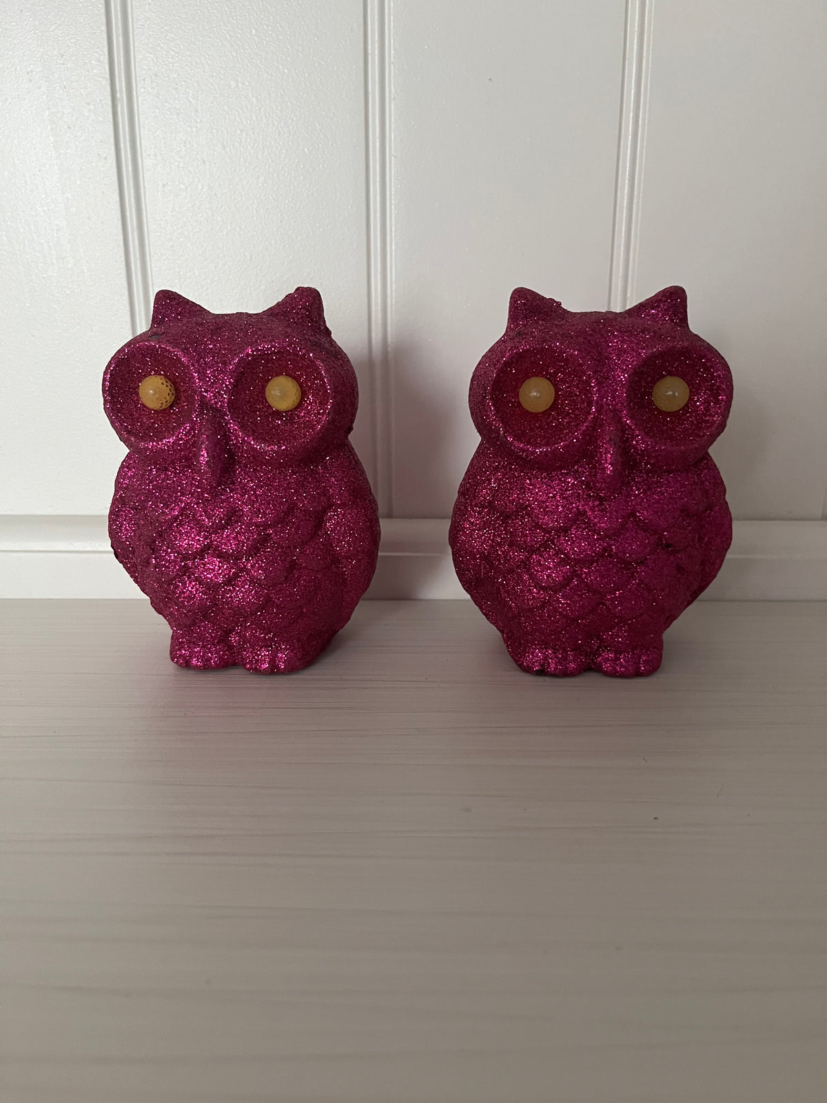 Pair of Glitter Magenta Pink Light-Up Owl Figurines ,  Halloween Décor