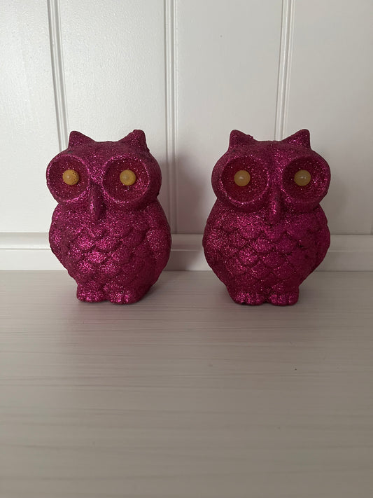 Pair of Glitter Magenta Pink Light-Up Owl Figurines ,  Halloween Décor