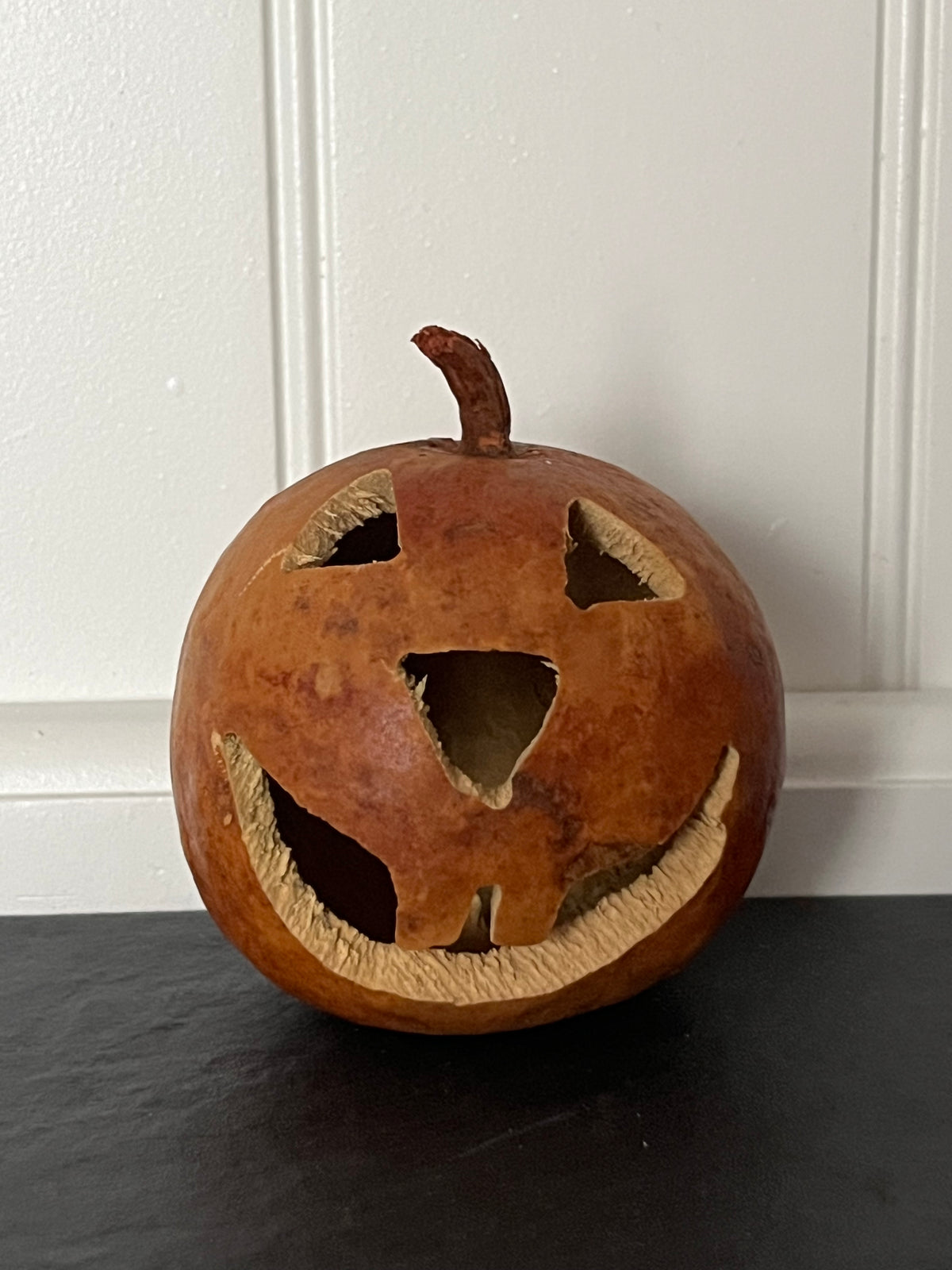 Small Hand-Carved Dried Gourd Jack-O’-Lantern | Artisan Folk Art Halloween Pumpkin | Candy Corn Manor
