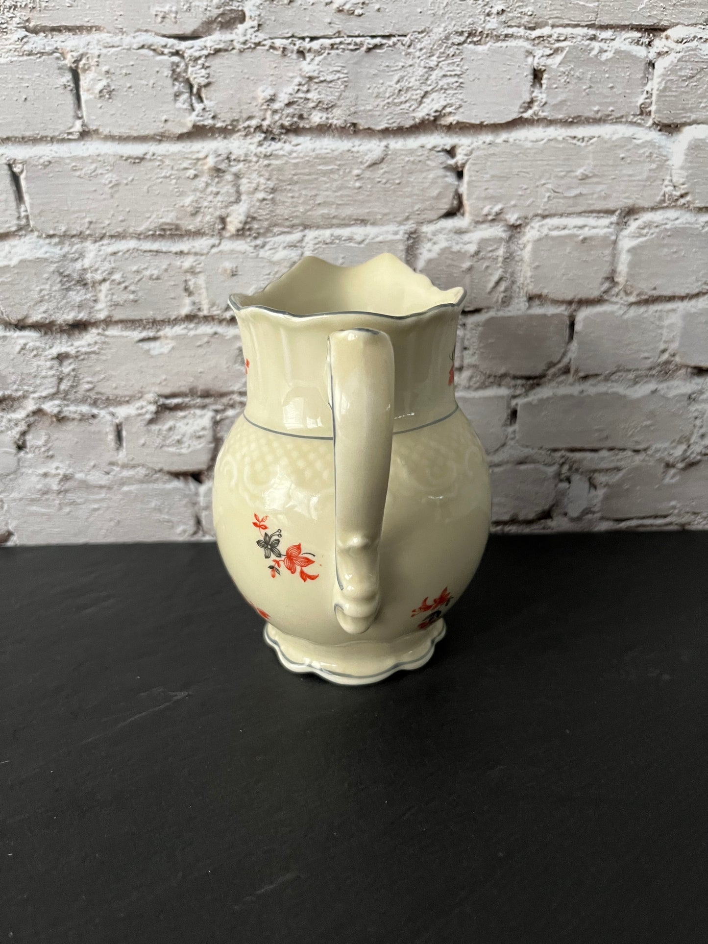 Vintage 1940s–1950s Cream Ceramic Floral Pitcher – Red & Black Wildflower Sprig Pattern – Cottage Farmhouse Style Milk Pitcher